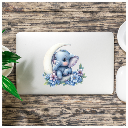Blue Elephant Moon Flowers Vinyl Sticker Decal
