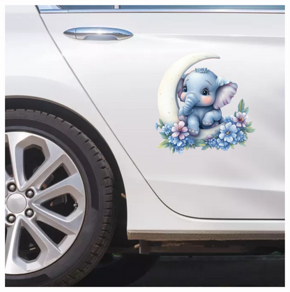 Blue Elephant Moon Flowers Vinyl Sticker Decal
