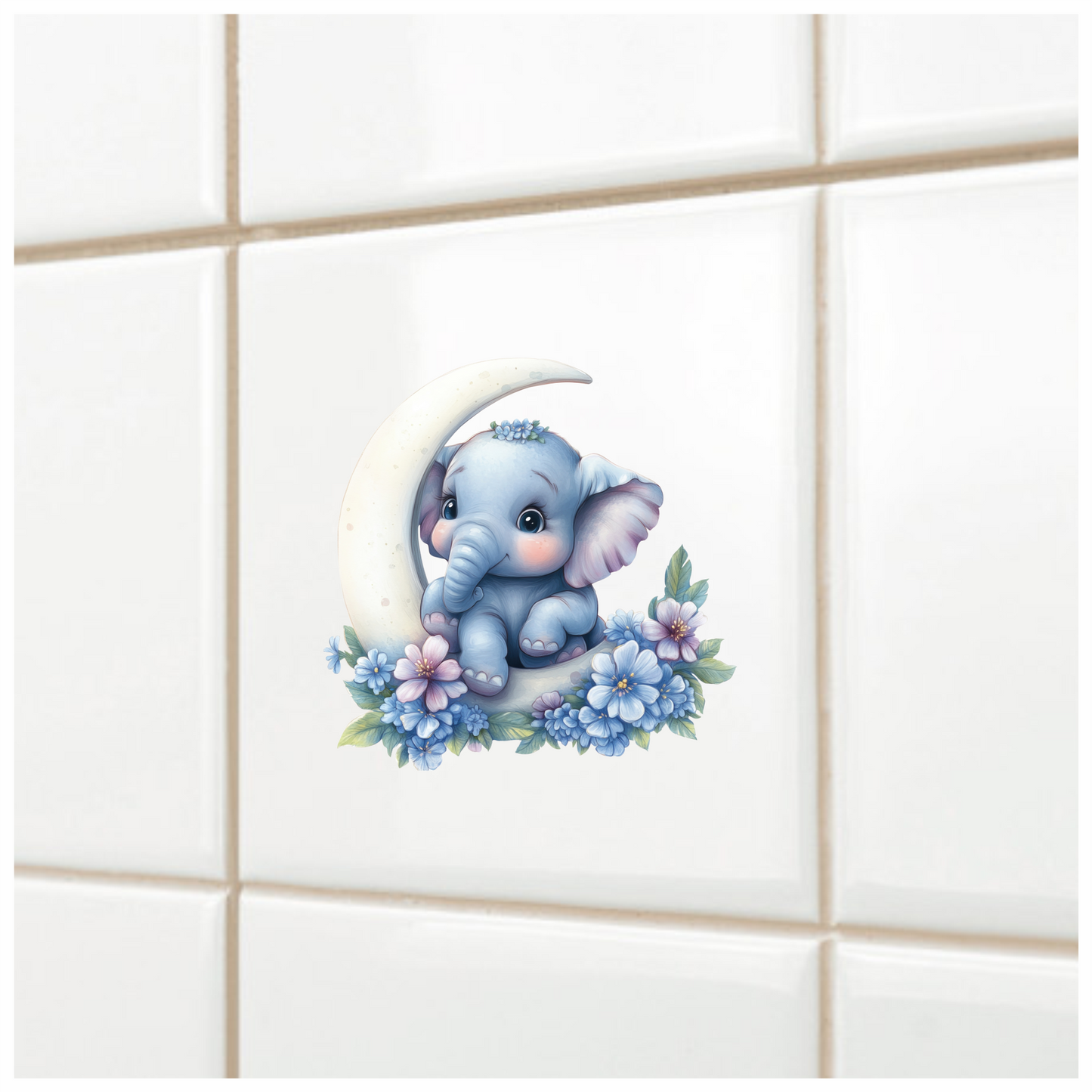 Blue Elephant Moon Flowers Vinyl Sticker Decal