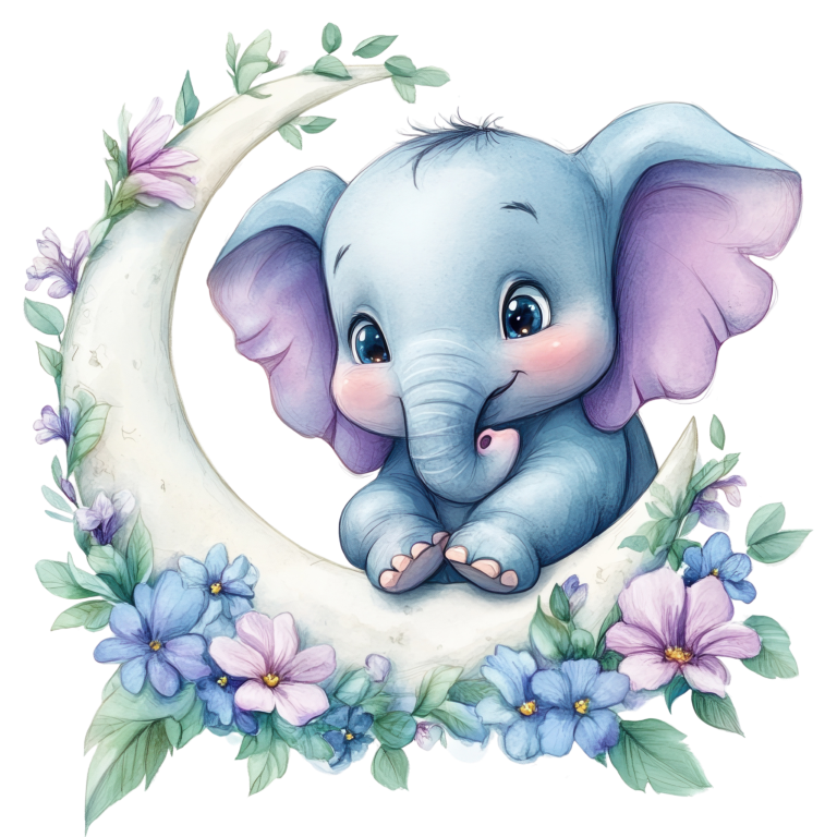 Elephant Blue Moon Flowers Sitting Vinyl Sticker Decal