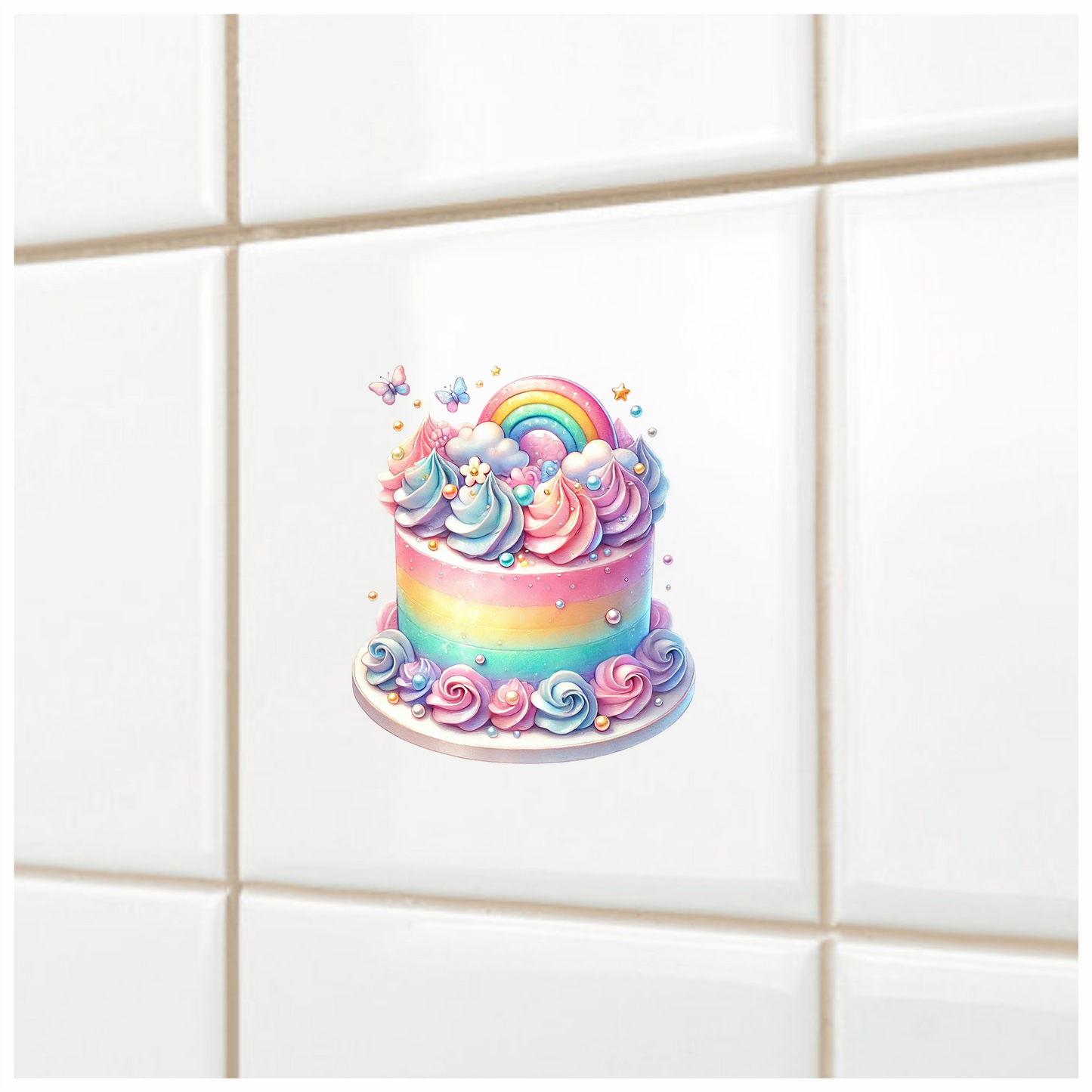 Rainbow Cake Pink Butterflies Clouds Sprinkles Soft Vinyl Sticker Decal