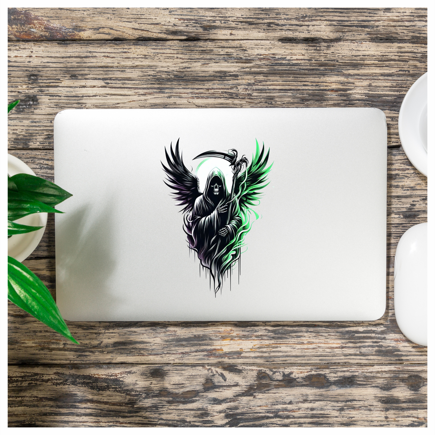 Grim Reaper Skull Wings Green Vinyl Sticker Decal