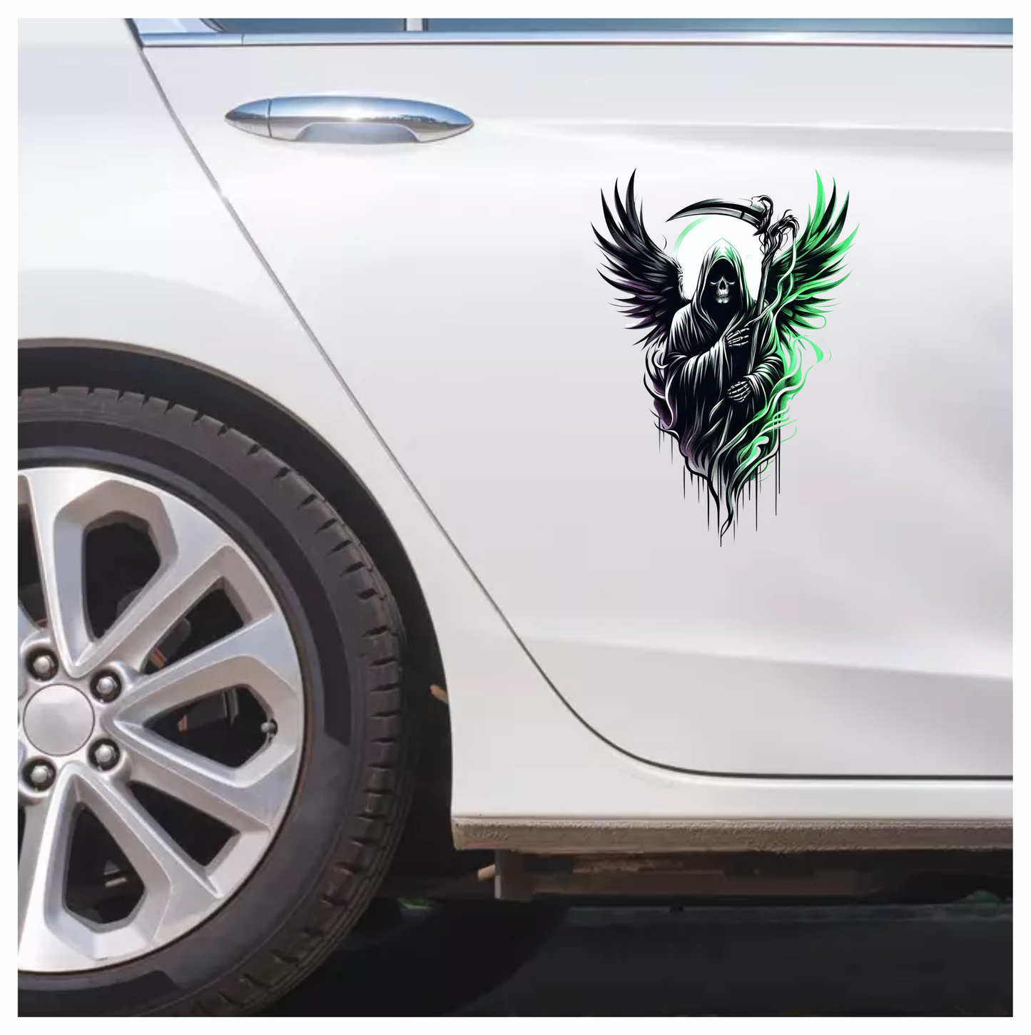 Grim Reaper Skull Wings Green Vinyl Sticker Decal