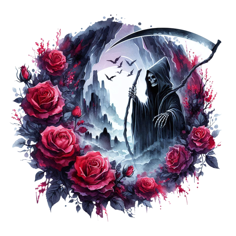 Grim Reaper Red Roses Dark Mountains Crows Dark Vinyl Sticker Decal