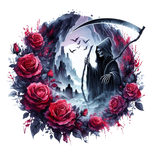 Grim Reaper Red Roses Dark Mountains Crows Dark Vinyl Sticker Decal
