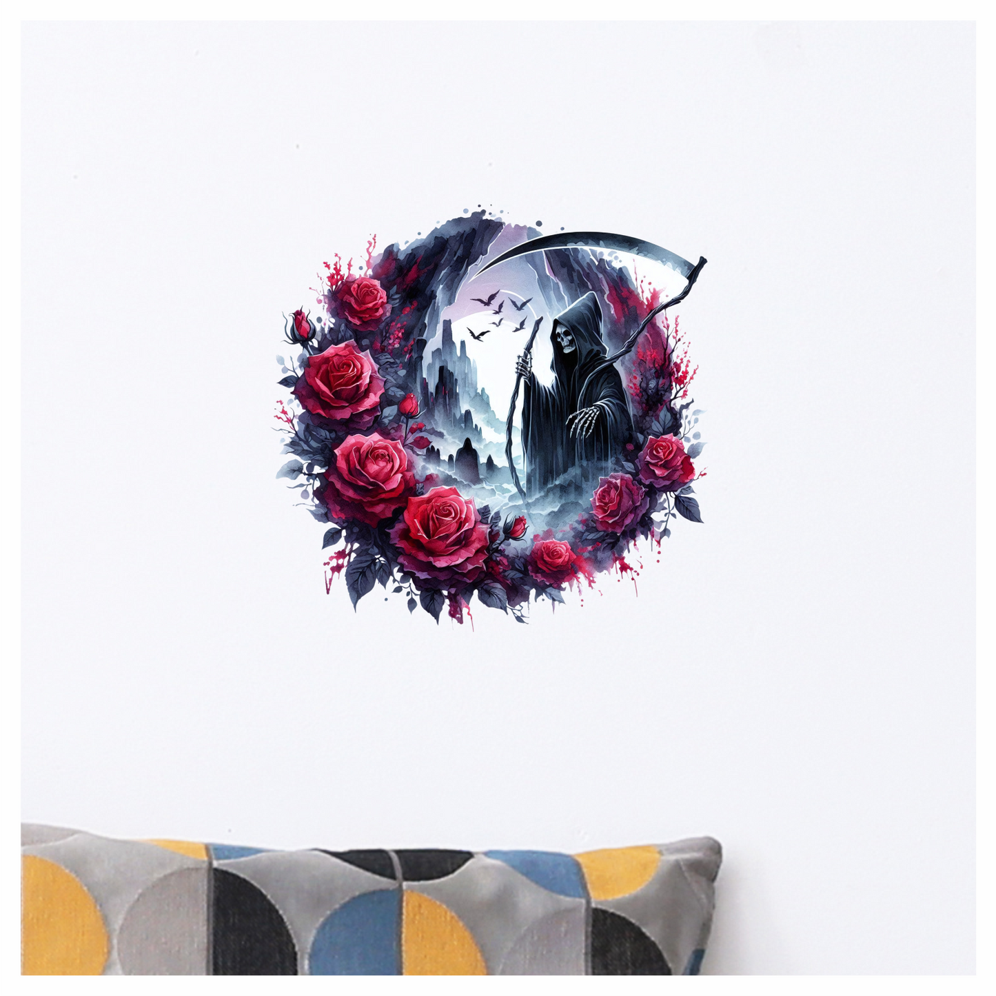 Grim Reaper Red Roses Dark Mountains Crows Dark Vinyl Sticker Decal