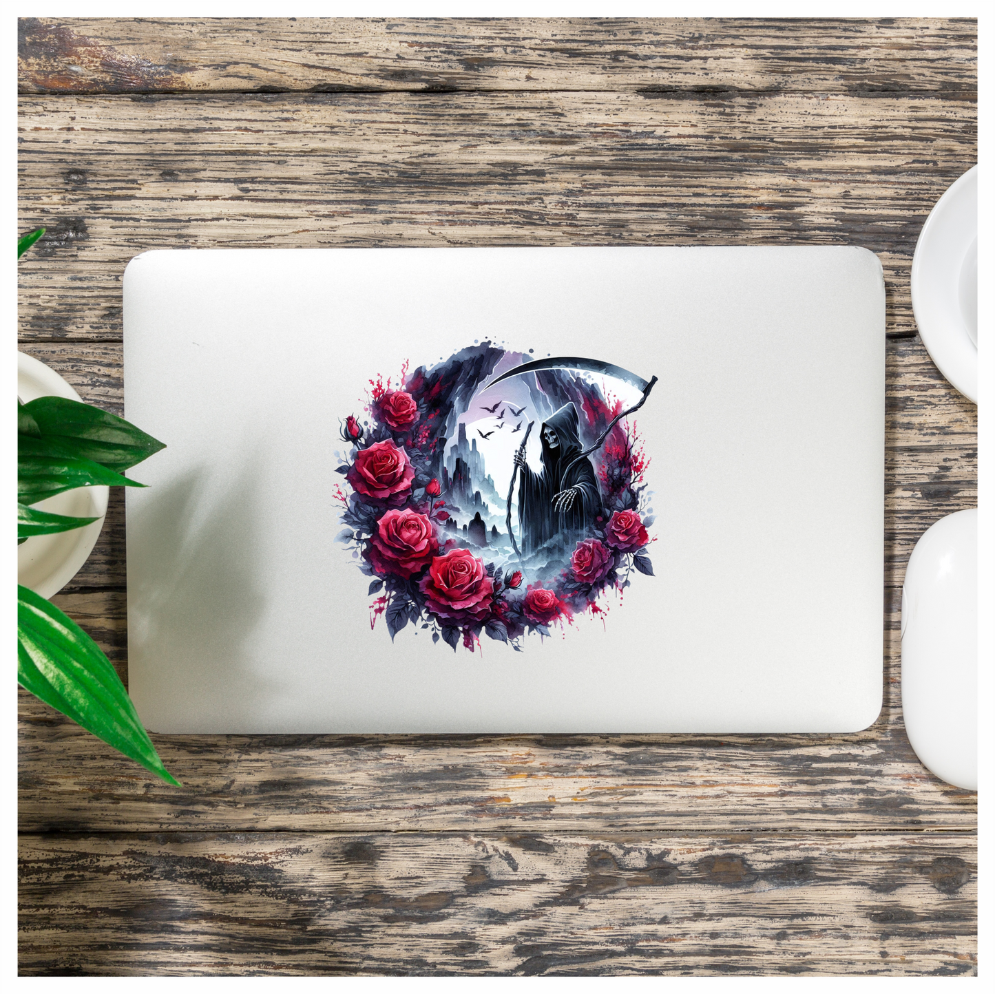 Grim Reaper Red Roses Dark Mountains Crows Dark Vinyl Sticker Decal