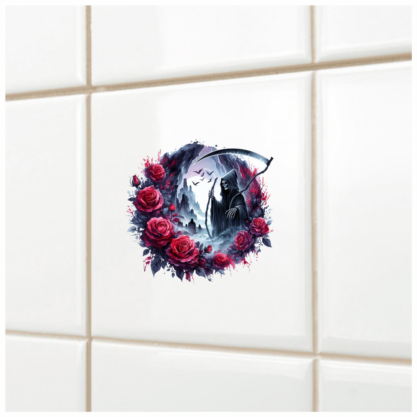 Grim Reaper Red Roses Dark Mountains Crows Dark Vinyl Sticker Decal