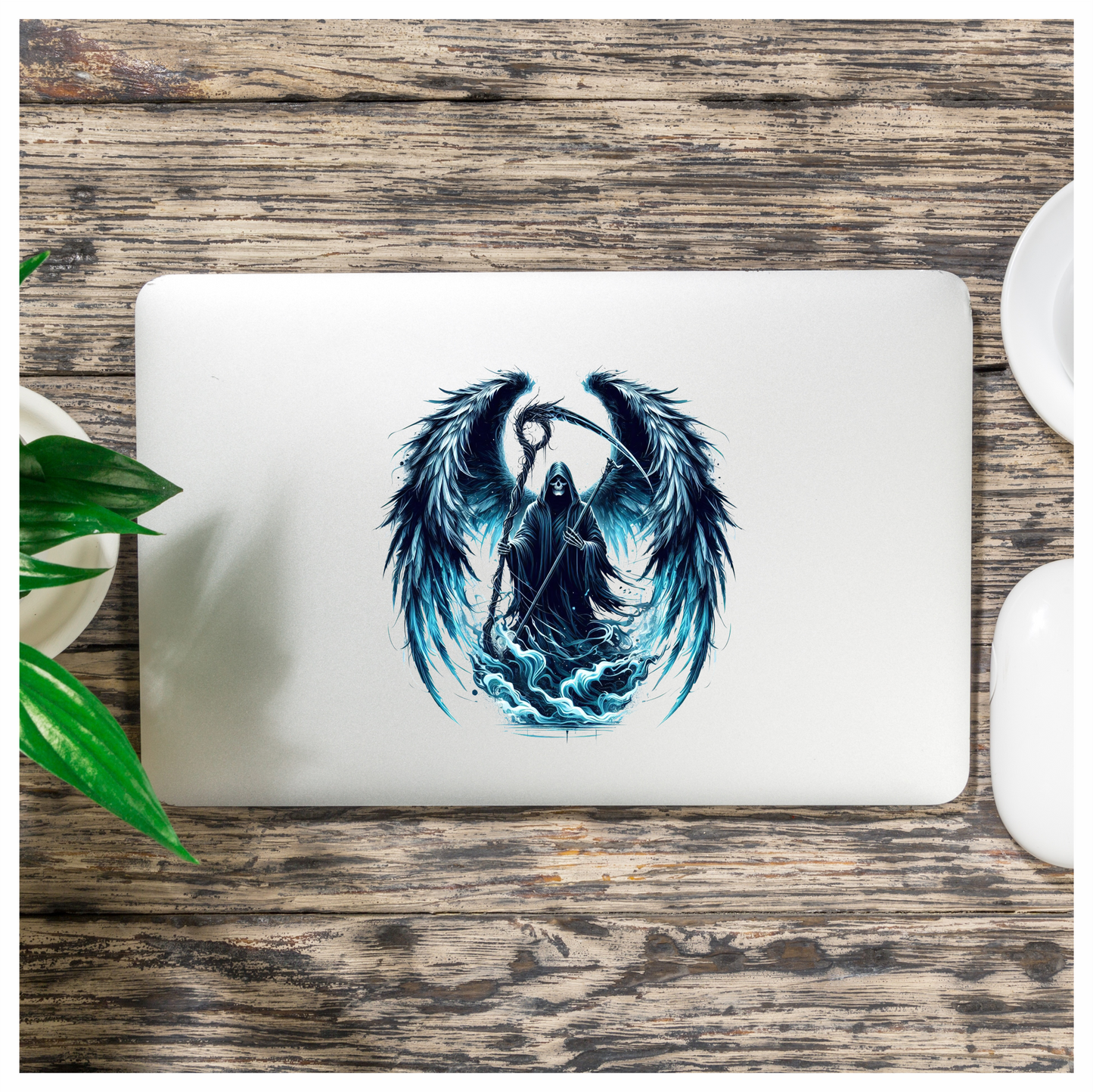 Grim Reaper Wings Skull Blue Water Vinyl Sticker Decal