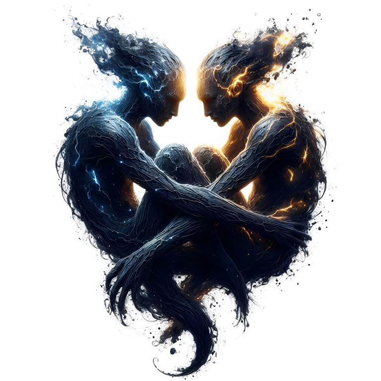 Artistic depiction of two figures embracing with blue and orange energy effects on a white background vinyl sticker.