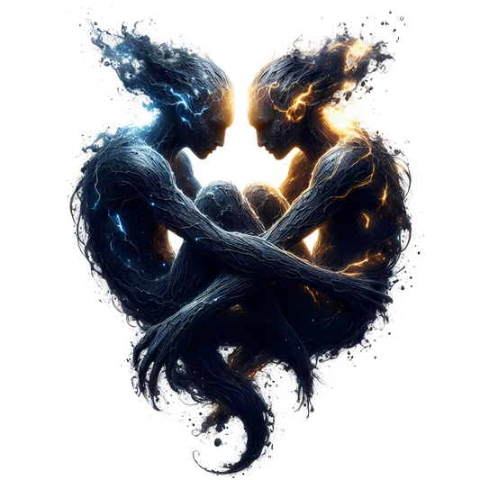 Artistic depiction of two figures embracing with blue and orange energy effects on a white background vinyl sticker.