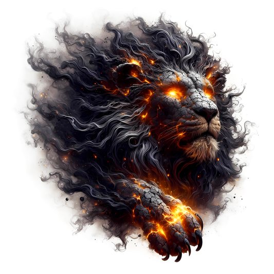 Lion's head with fiery mane and glowing eyes on a white background vinyl sticker.