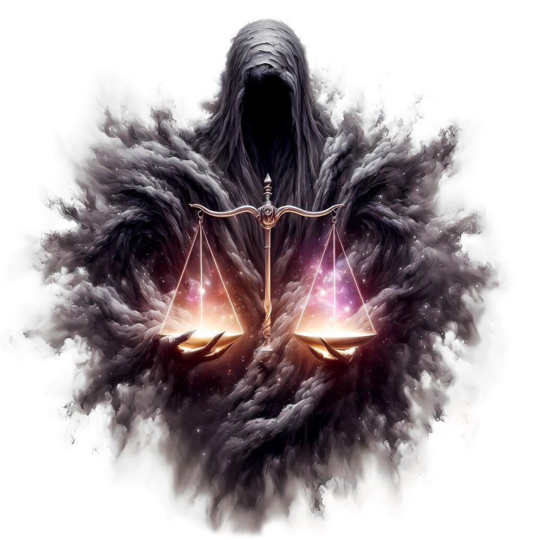 Dark figure holding a glowing balance scale against a white background vinyl sticker.