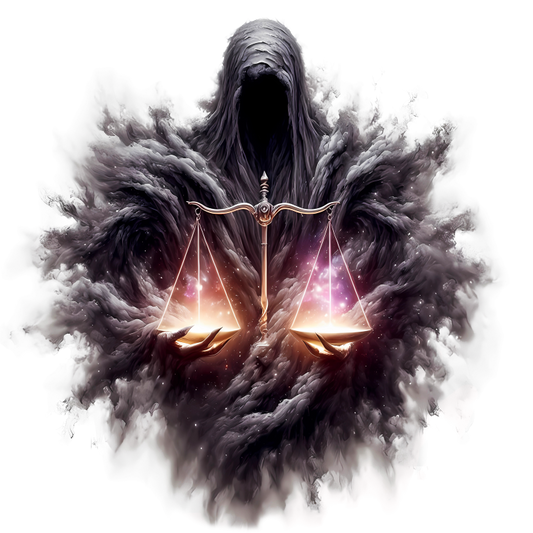 Dark figure holding a glowing balance scale against a white background vinyl sticker.