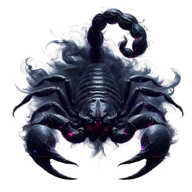 Artistic depiction of a scorpion with a dark, almost black color scheme on a white background. vinyl sticker.