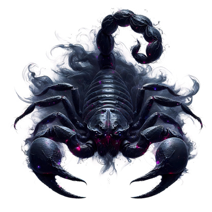Artistic depiction of a scorpion with a dark, almost black color scheme on a white background. vinyl sticker.