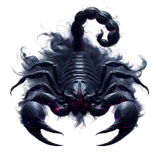 Artistic depiction of a scorpion with a dark, almost black color scheme on a white background. vinyl sticker.