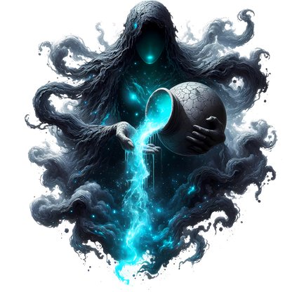 Artistic depiction of a hooded figure with flowing hair holding a glowing blue orb. vinyl sticker.
