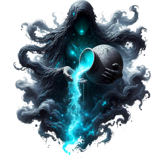 Artistic depiction of a hooded figure with flowing hair holding a glowing blue orb. vinyl sticker.