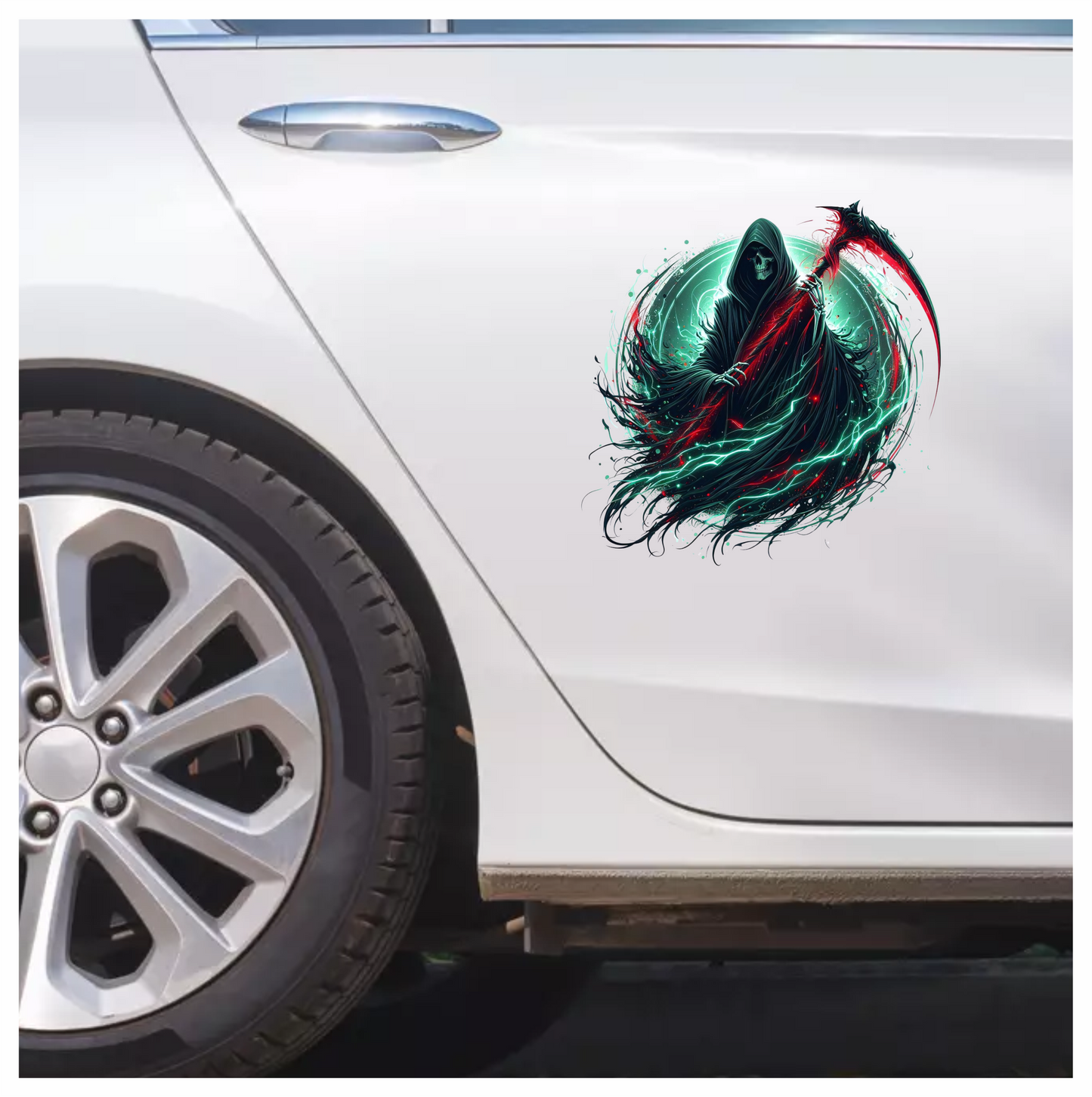 Grim Reaper Hooded Scythe Glowing Green Vinyl Sticker Decal