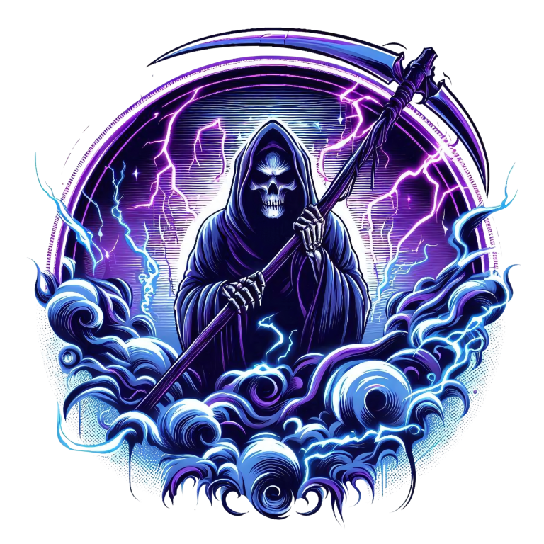 Skeleton, Scythe, Purple, Lightning, Clouds, Vinyl Sticker Decal