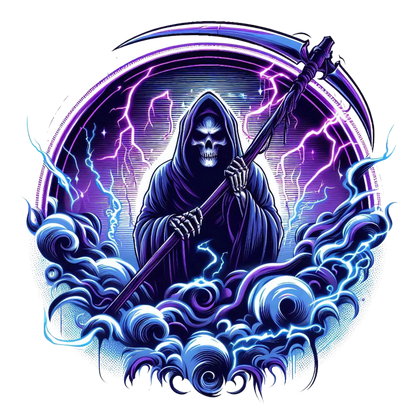 Skeleton, Scythe, Purple, Lightning, Clouds, Vinyl Sticker Decal