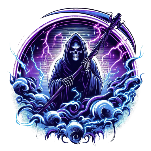 Skeleton, Scythe, Purple, Lightning, Clouds, Vinyl Sticker Decal