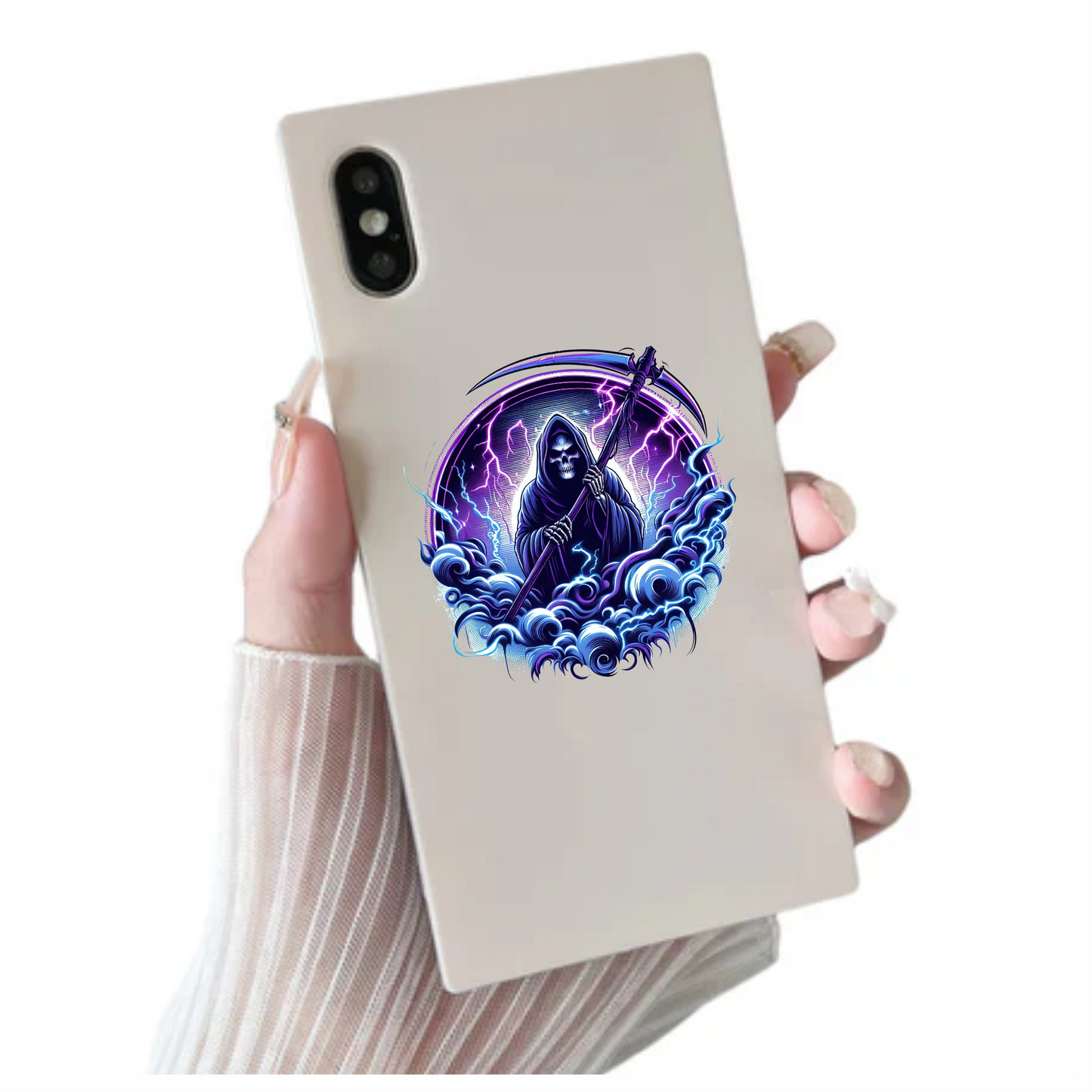Skeleton, Scythe, Purple, Lightning, Clouds, Vinyl Sticker Decal
