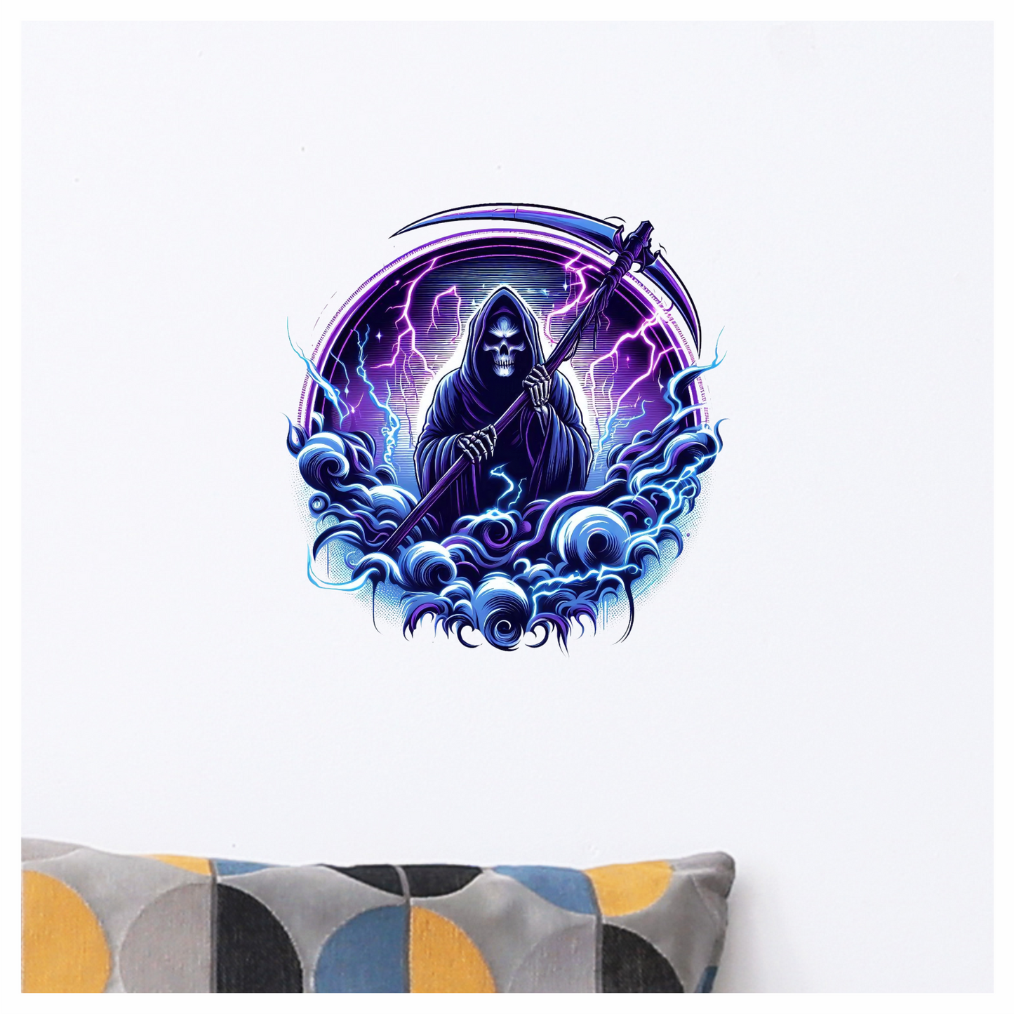 Skeleton, Scythe, Purple, Lightning, Clouds, Vinyl Sticker Decal