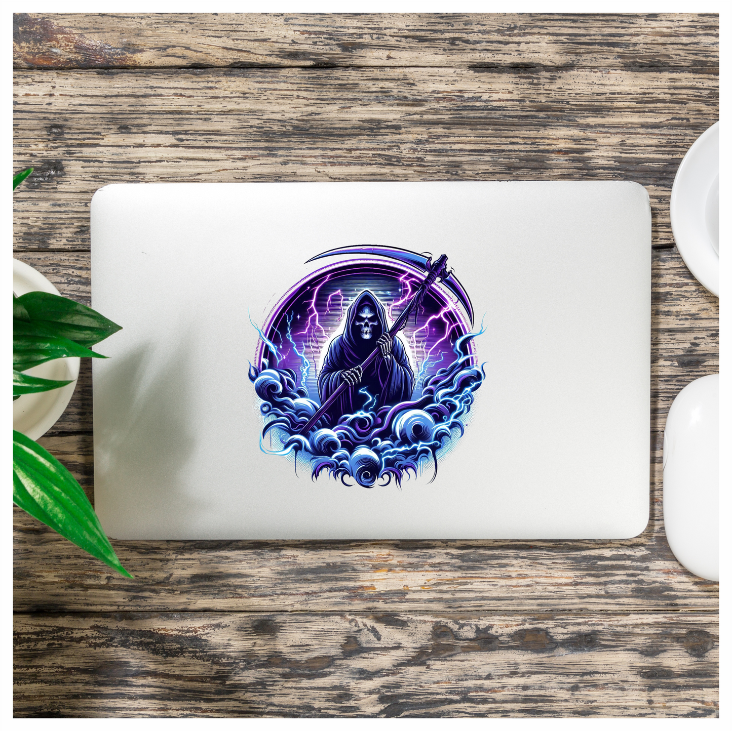 Skeleton, Scythe, Purple, Lightning, Clouds, Vinyl Sticker Decal