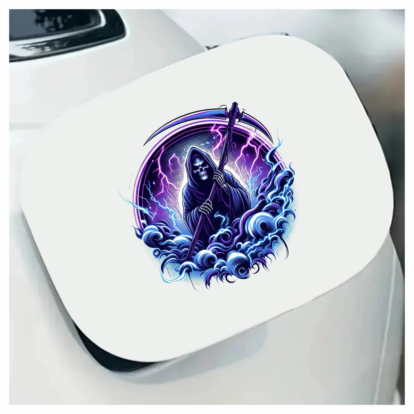 Skeleton, Scythe, Purple, Lightning, Clouds, Vinyl Sticker Decal