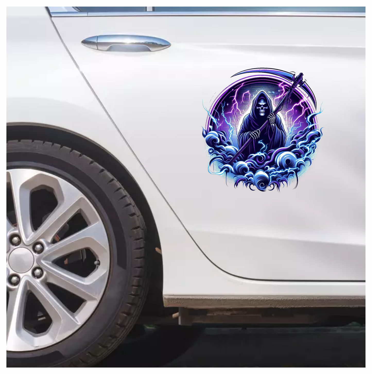 Skeleton, Scythe, Purple, Lightning, Clouds, Vinyl Sticker Decal