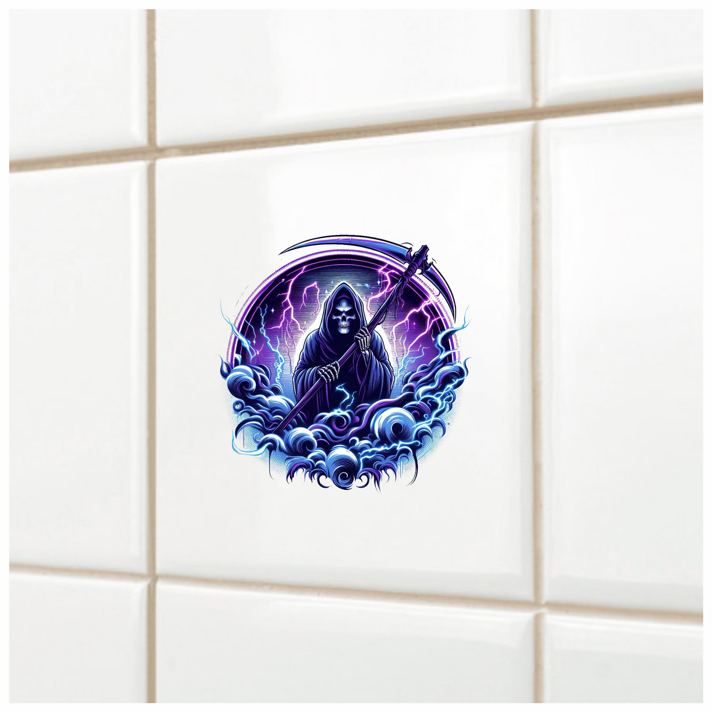 Skeleton, Scythe, Purple, Lightning, Clouds, Vinyl Sticker Decal