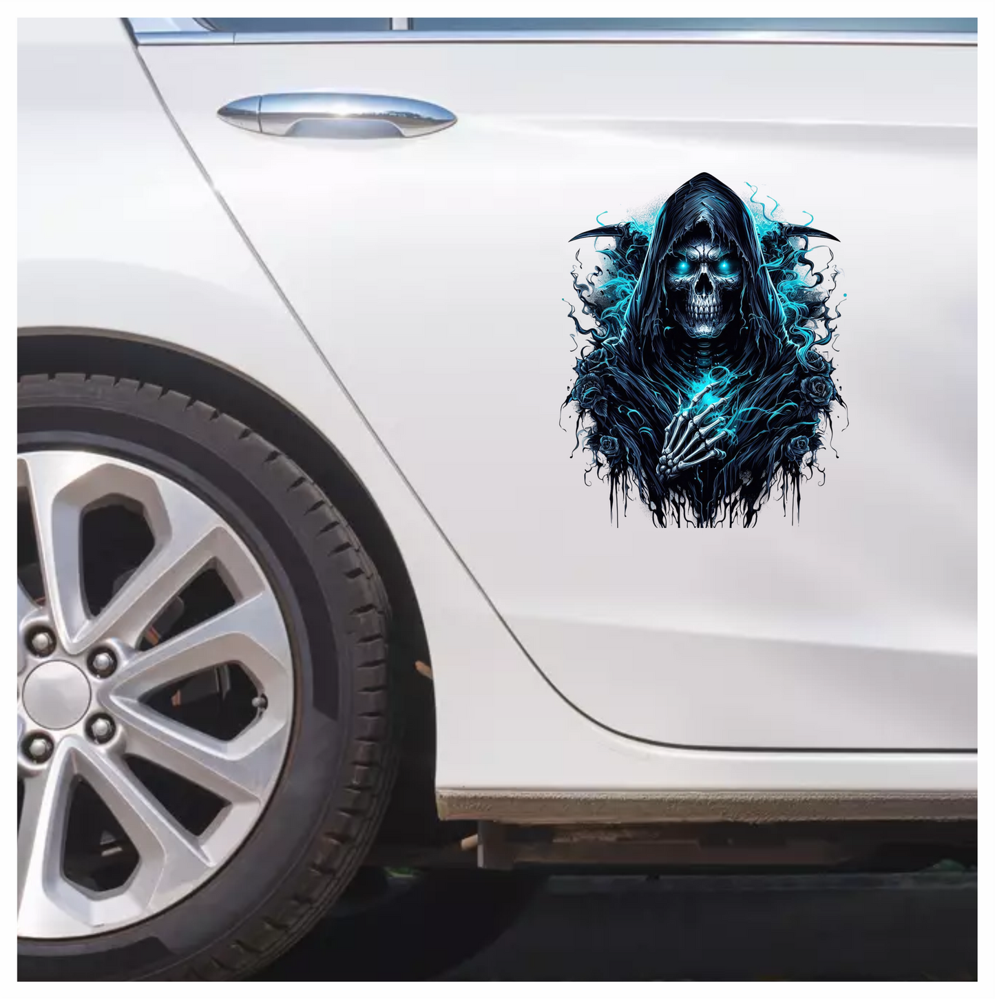 Skeleton Hood Roses Blue Vinyl Sticker Decal