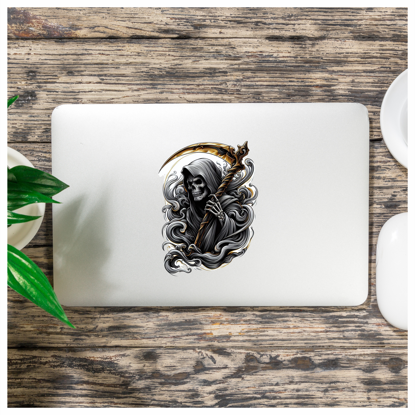 Skeleton Grim Reaper Scythe Black Clouds Vinyl Sticker Decal