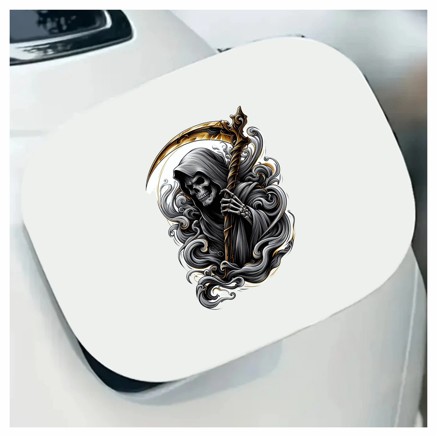 Skeleton Grim Reaper Scythe Black Clouds Vinyl Sticker Decal