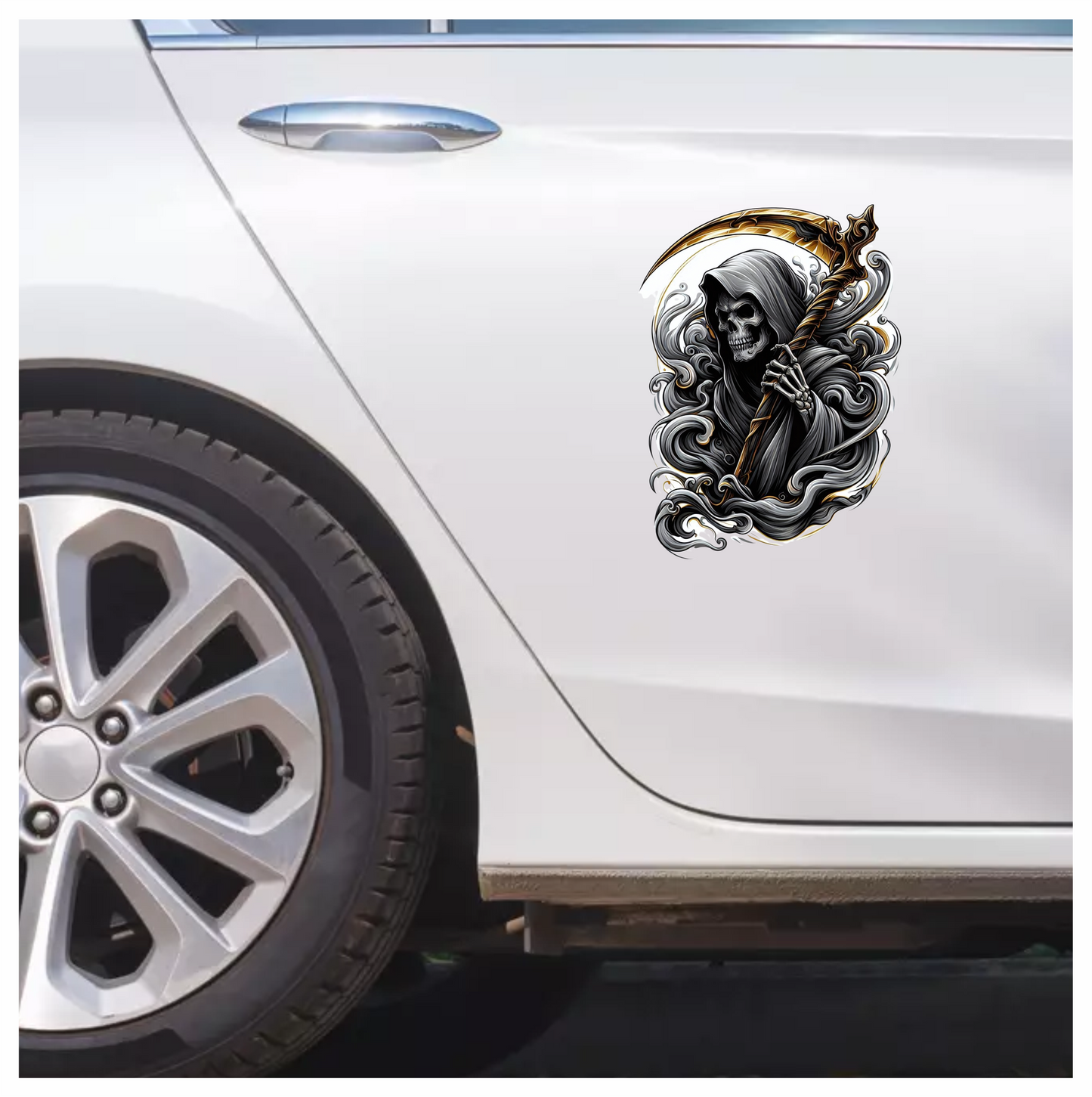 Skeleton Grim Reaper Scythe Black Clouds Vinyl Sticker Decal