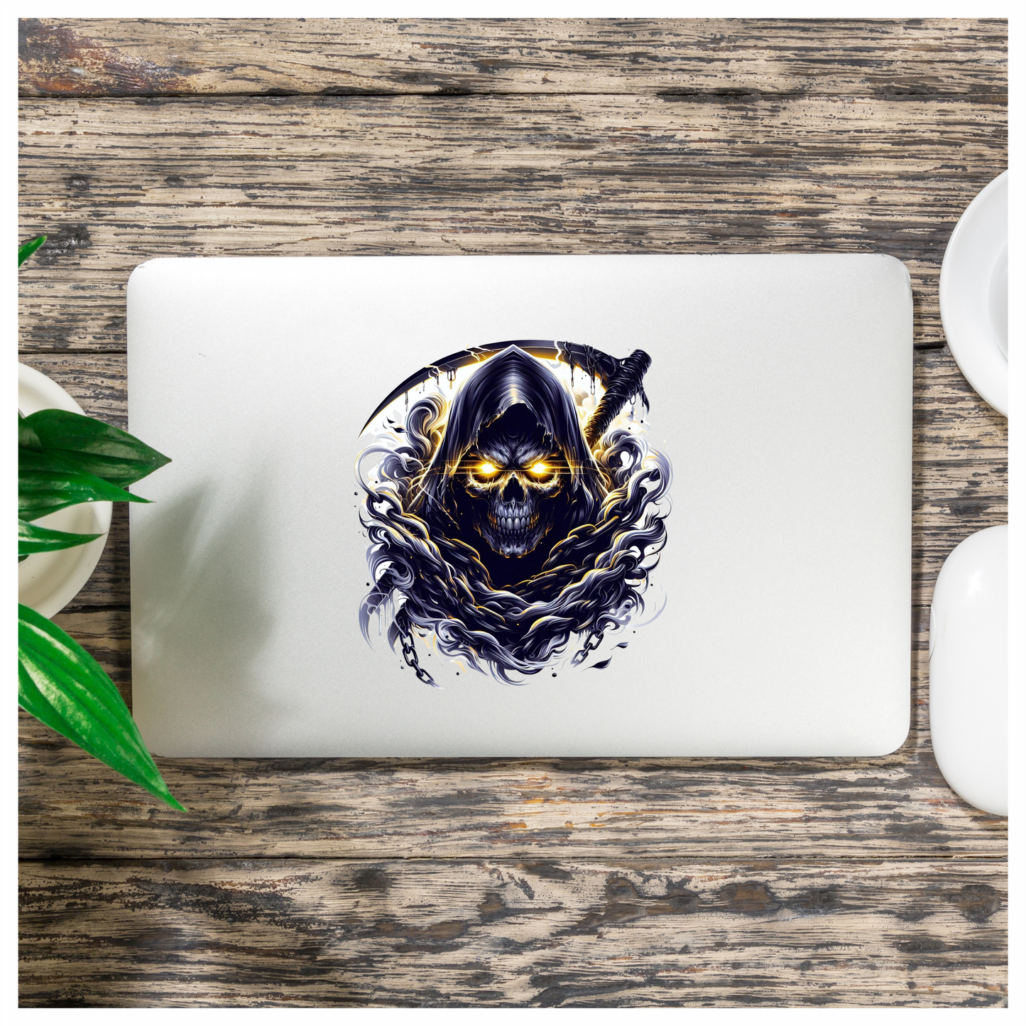 Skull Yellow Eyes Smoke Chains Dark Vinyl Sticker Decal