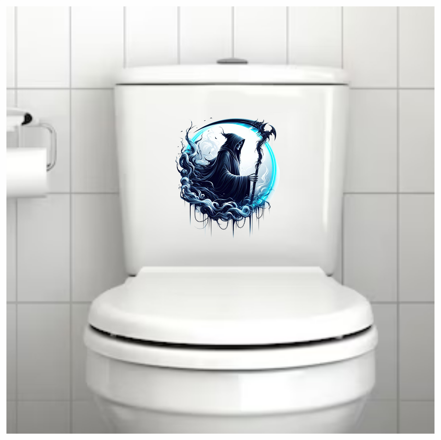 Grim Reaper Blue Swirling Scythe Moon Vinyl Sticker Decal