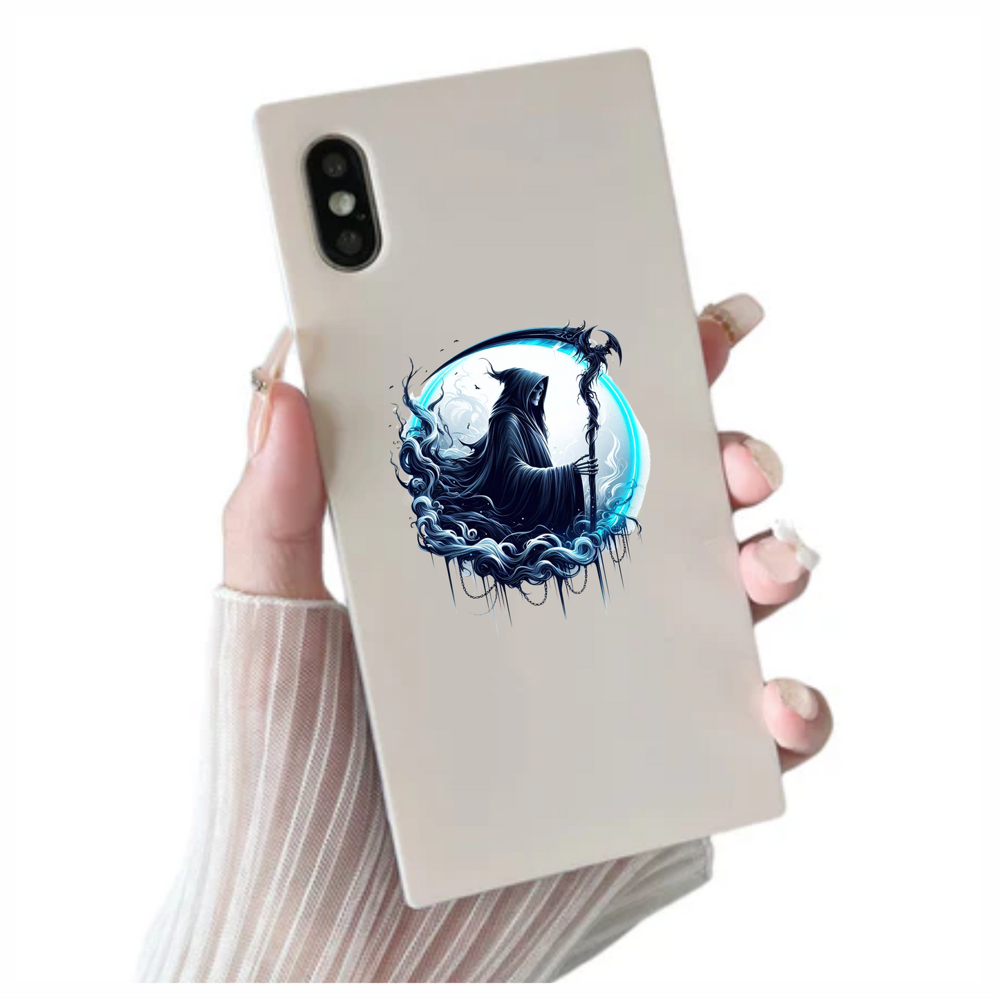 Grim Reaper Blue Swirling Scythe Moon Vinyl Sticker Decal