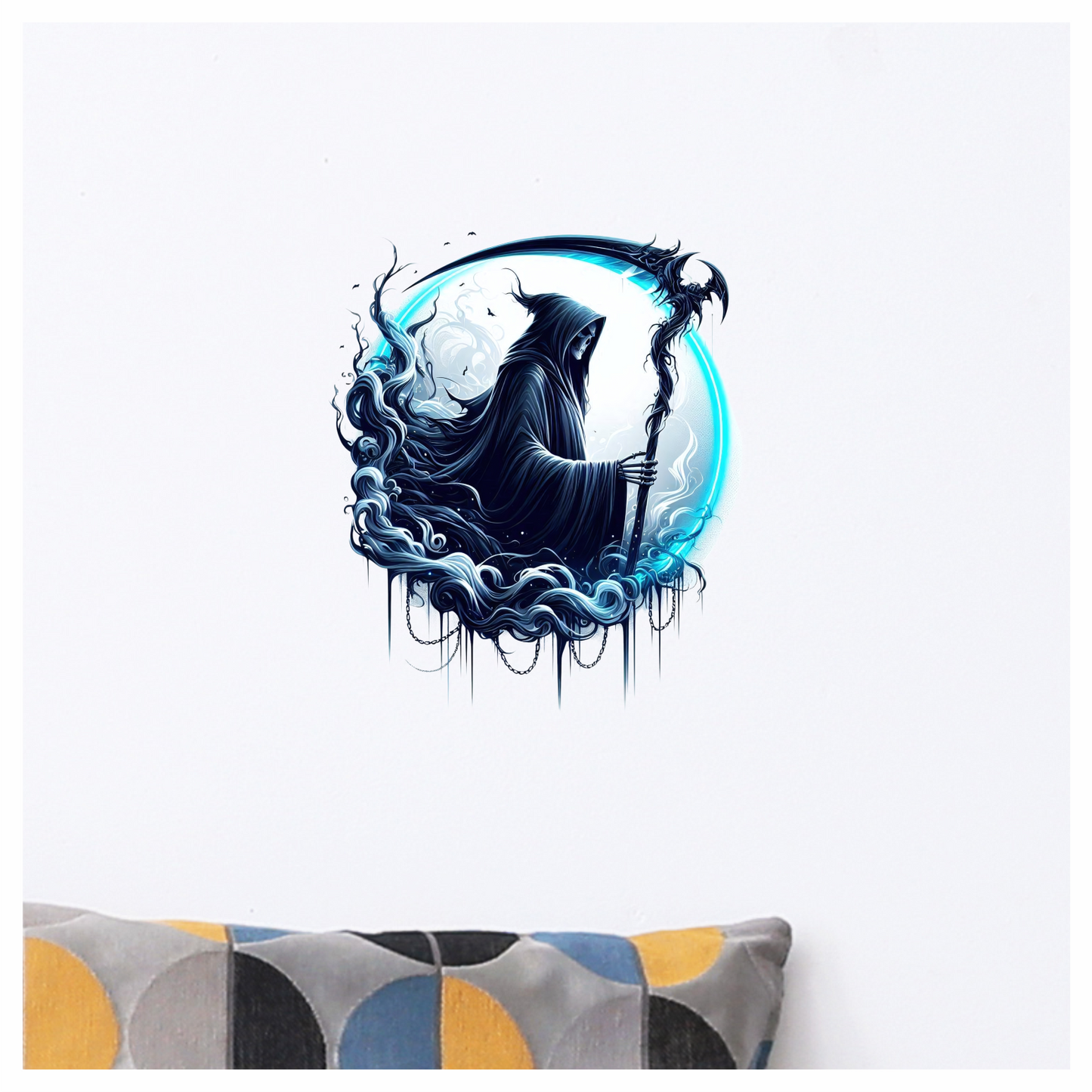 Grim Reaper Blue Swirling Scythe Moon Vinyl Sticker Decal