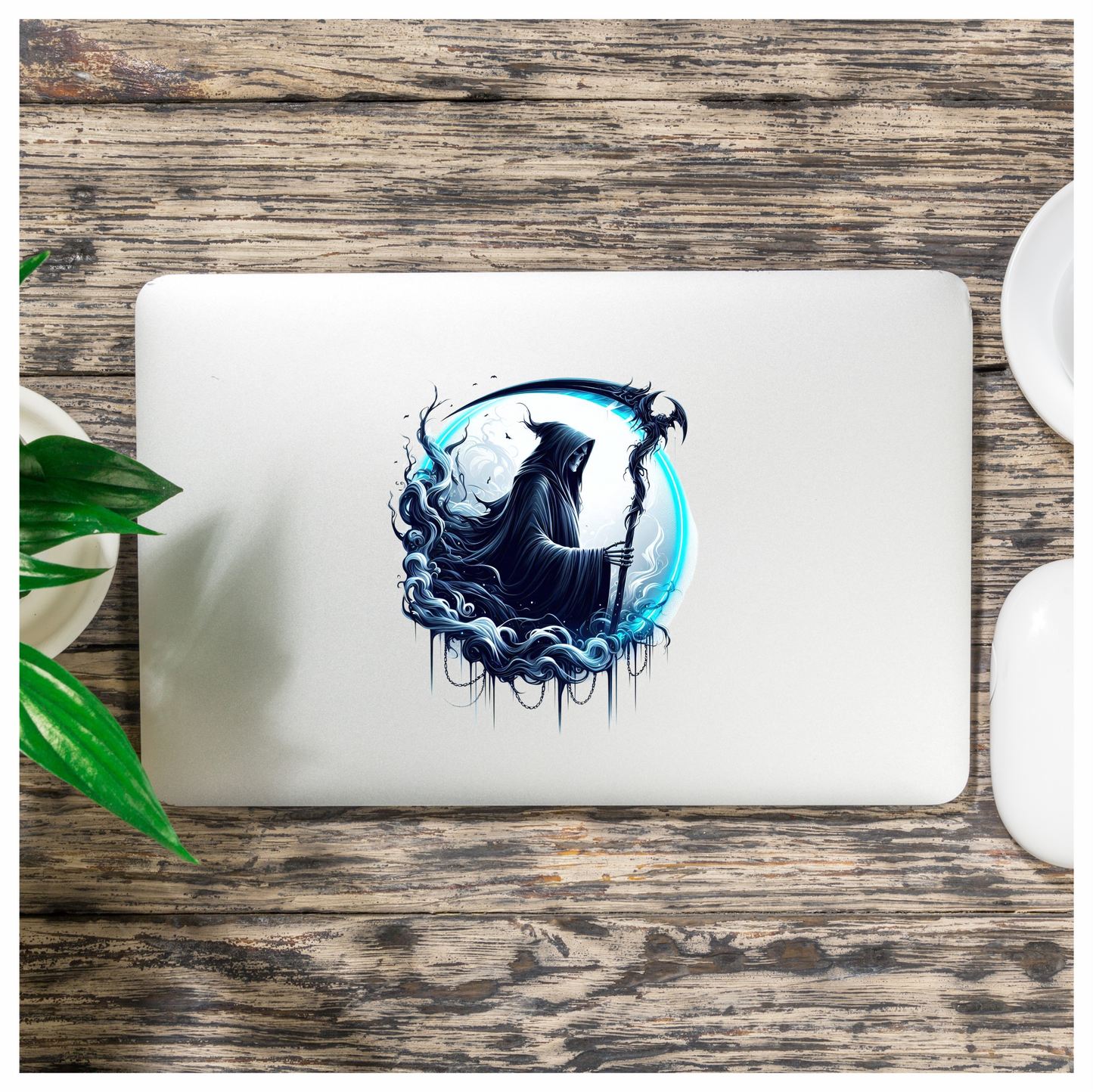 Grim Reaper Blue Swirling Scythe Moon Vinyl Sticker Decal