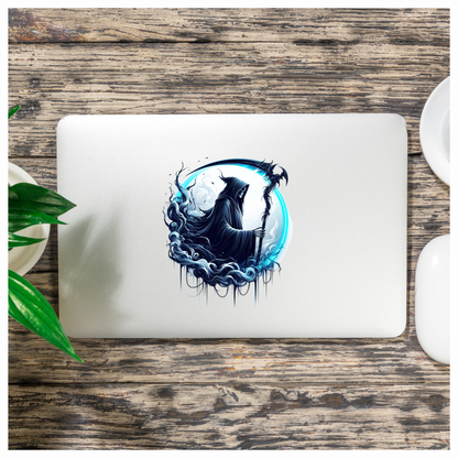 Grim Reaper Blue Swirling Scythe Moon Vinyl Sticker Decal