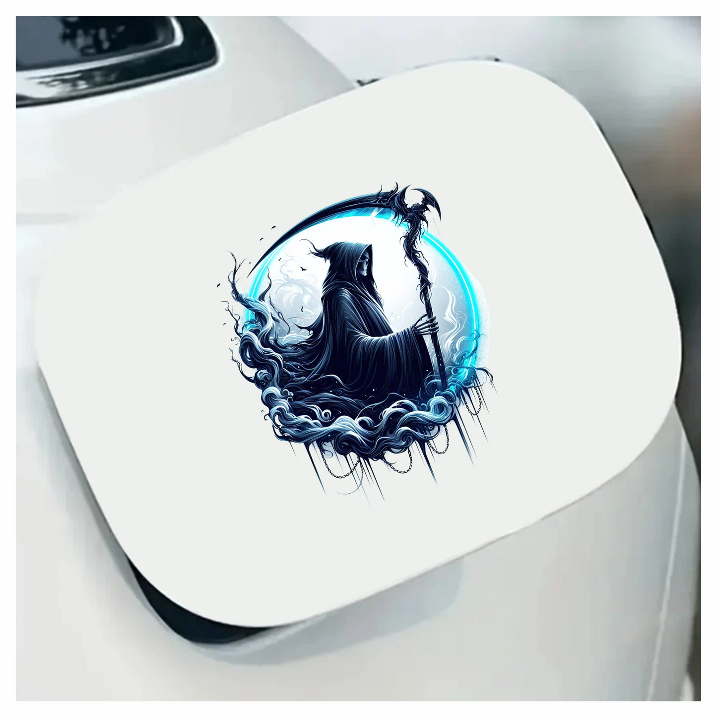 Grim Reaper Blue Swirling Scythe Moon Vinyl Sticker Decal