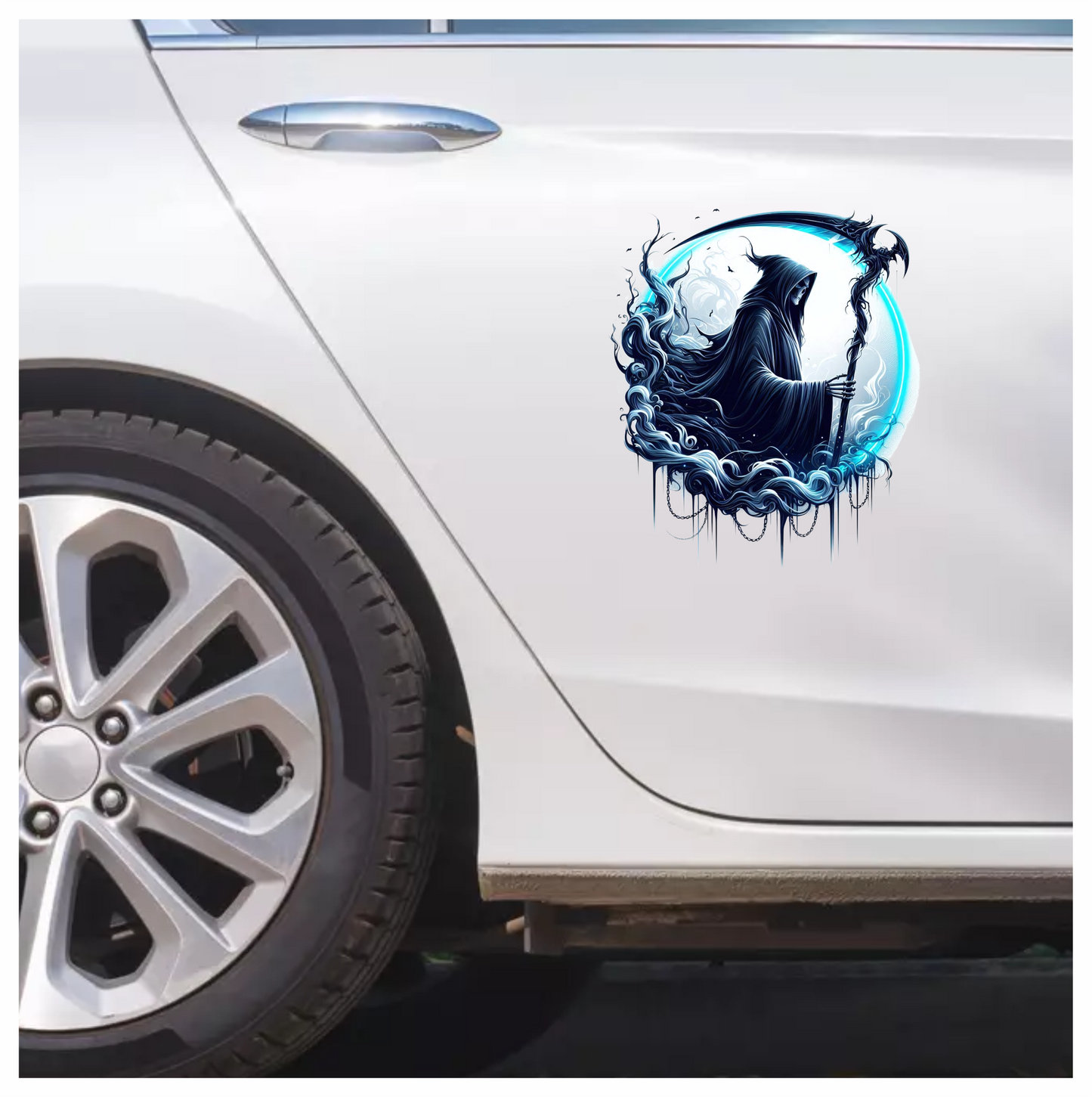 Grim Reaper Blue Swirling Scythe Moon Vinyl Sticker Decal