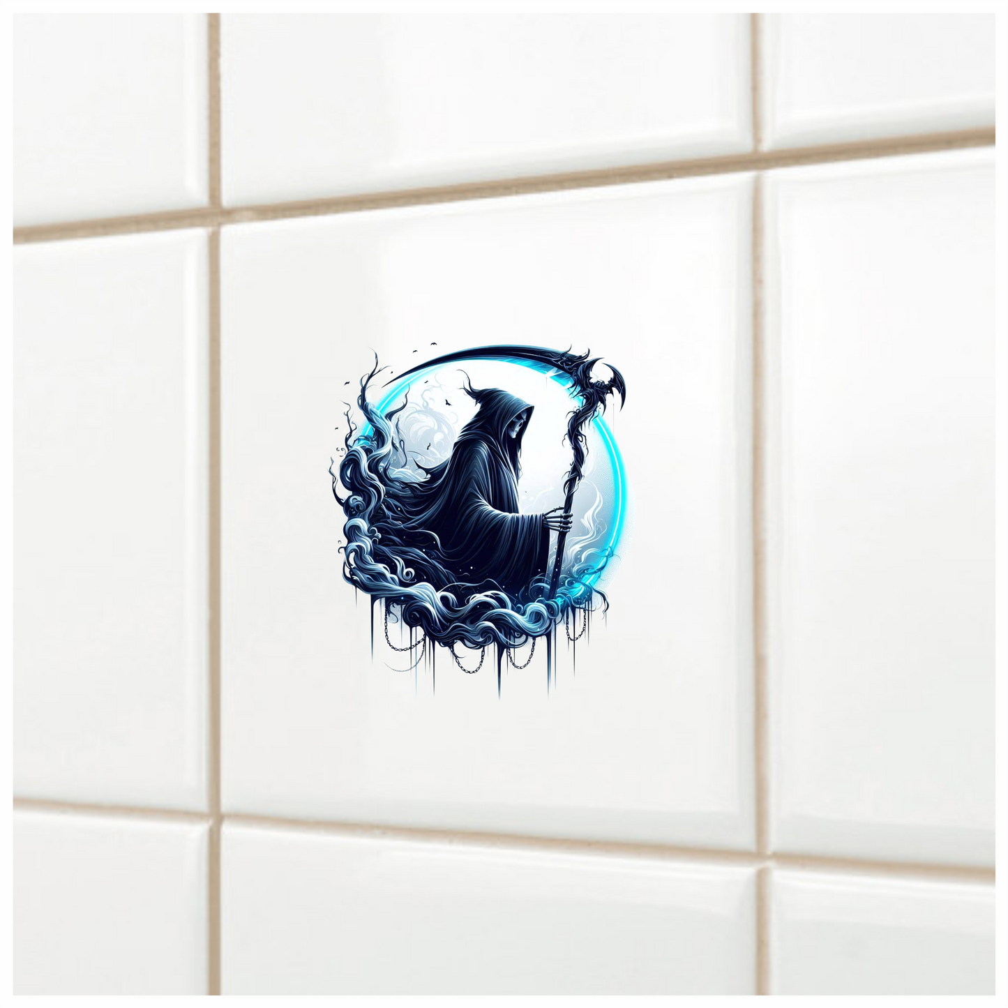 Grim Reaper Blue Swirling Scythe Moon Vinyl Sticker Decal