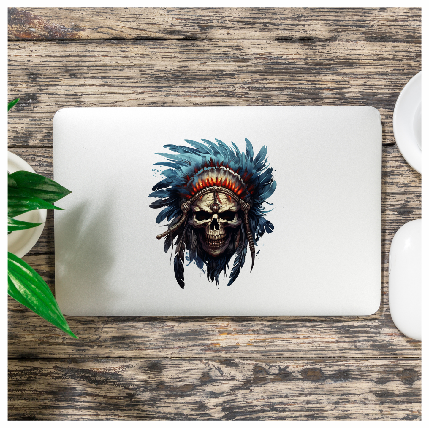 Skull Red Feathers Blue Warrior Vinyl Sticker Decal