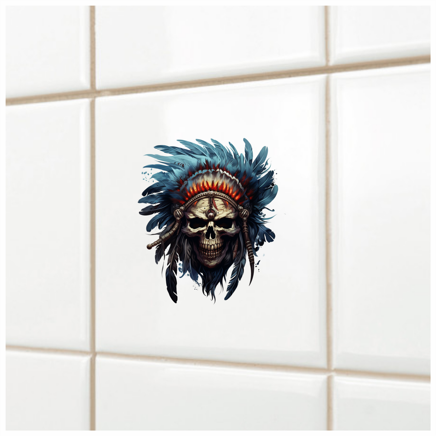 Skull Red Feathers Blue Warrior Vinyl Sticker Decal