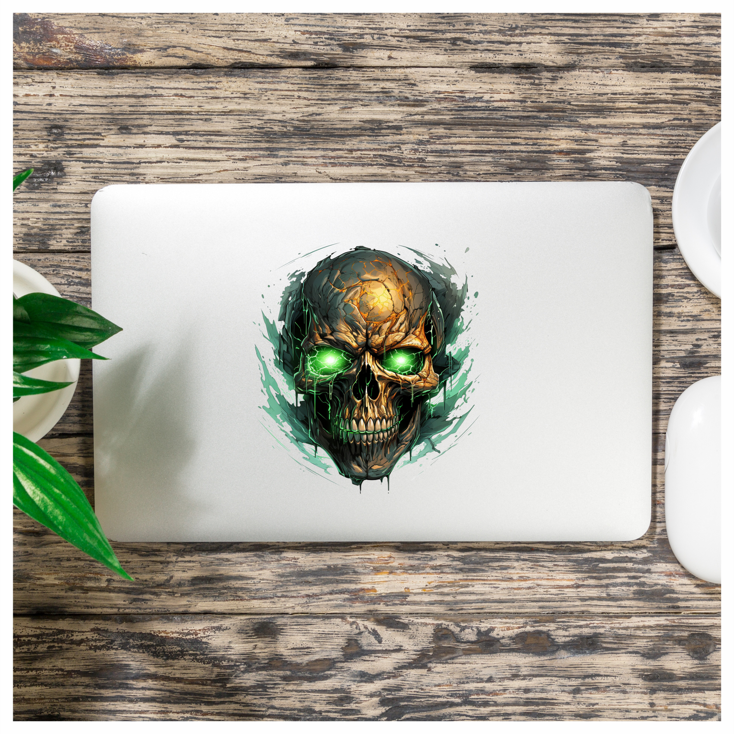 Skull Green Eyes Cracked Glowing Vinyl Sticker Decal