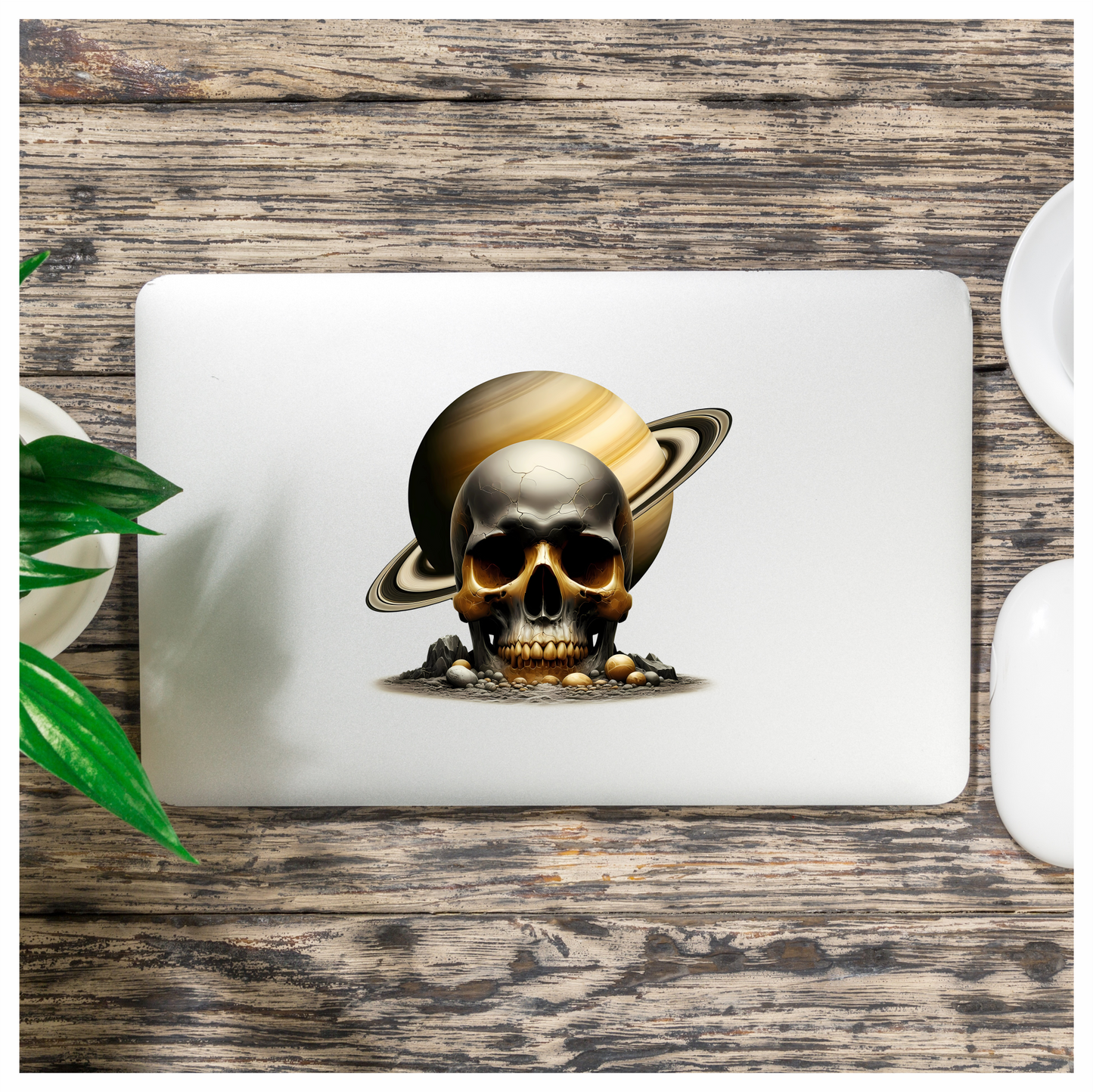 Skull Saturn Planet Rocks Cracked Gold Vinyl Sticker Decal